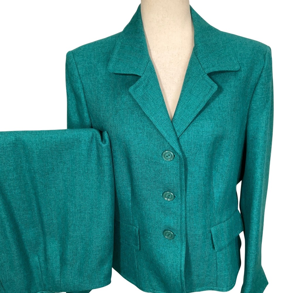 Suit Studio Skirt Suit Women 14 Teal Herringbone Vibrant Classic Career 2pc Set